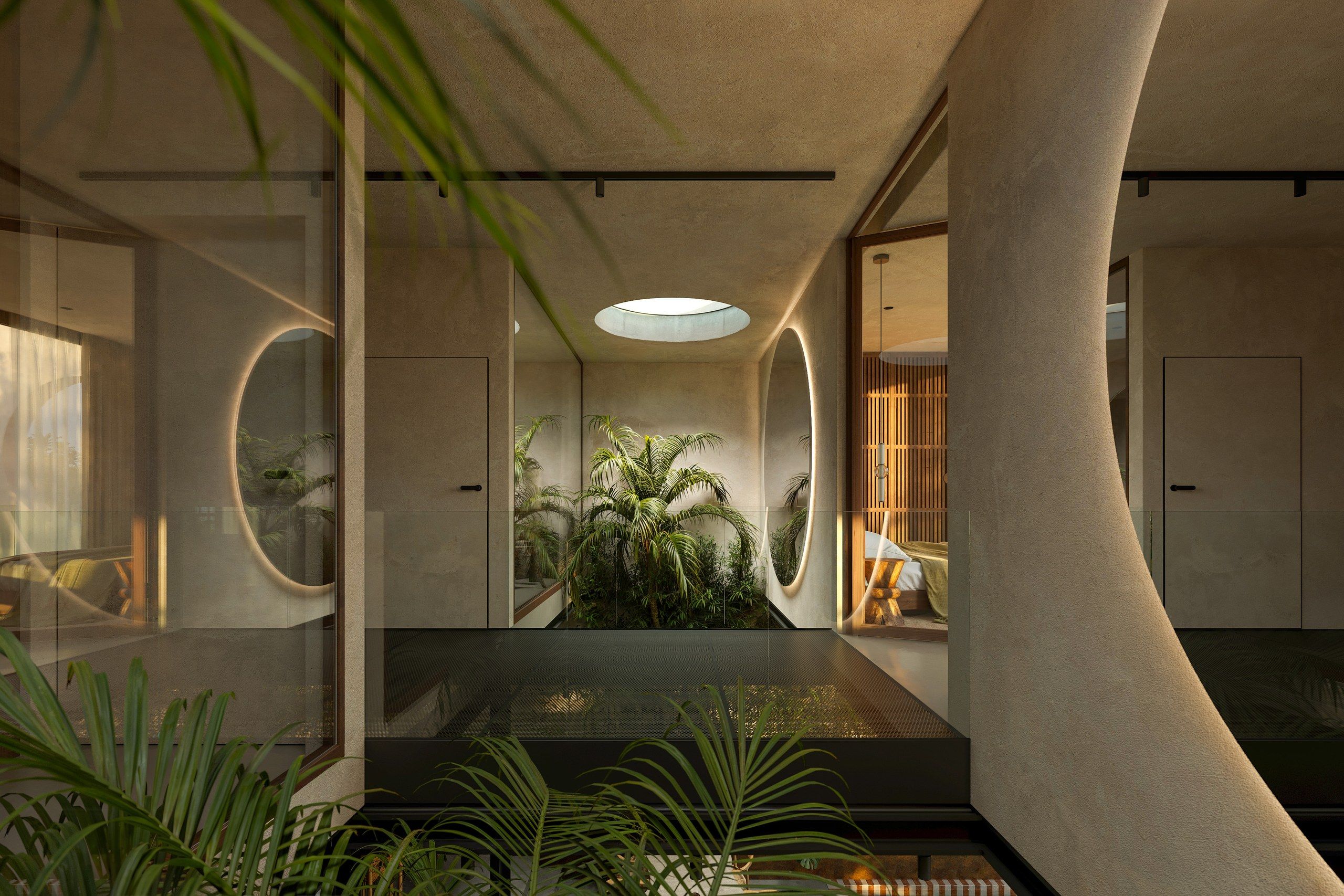 Bathroom with curved walls and a skylight