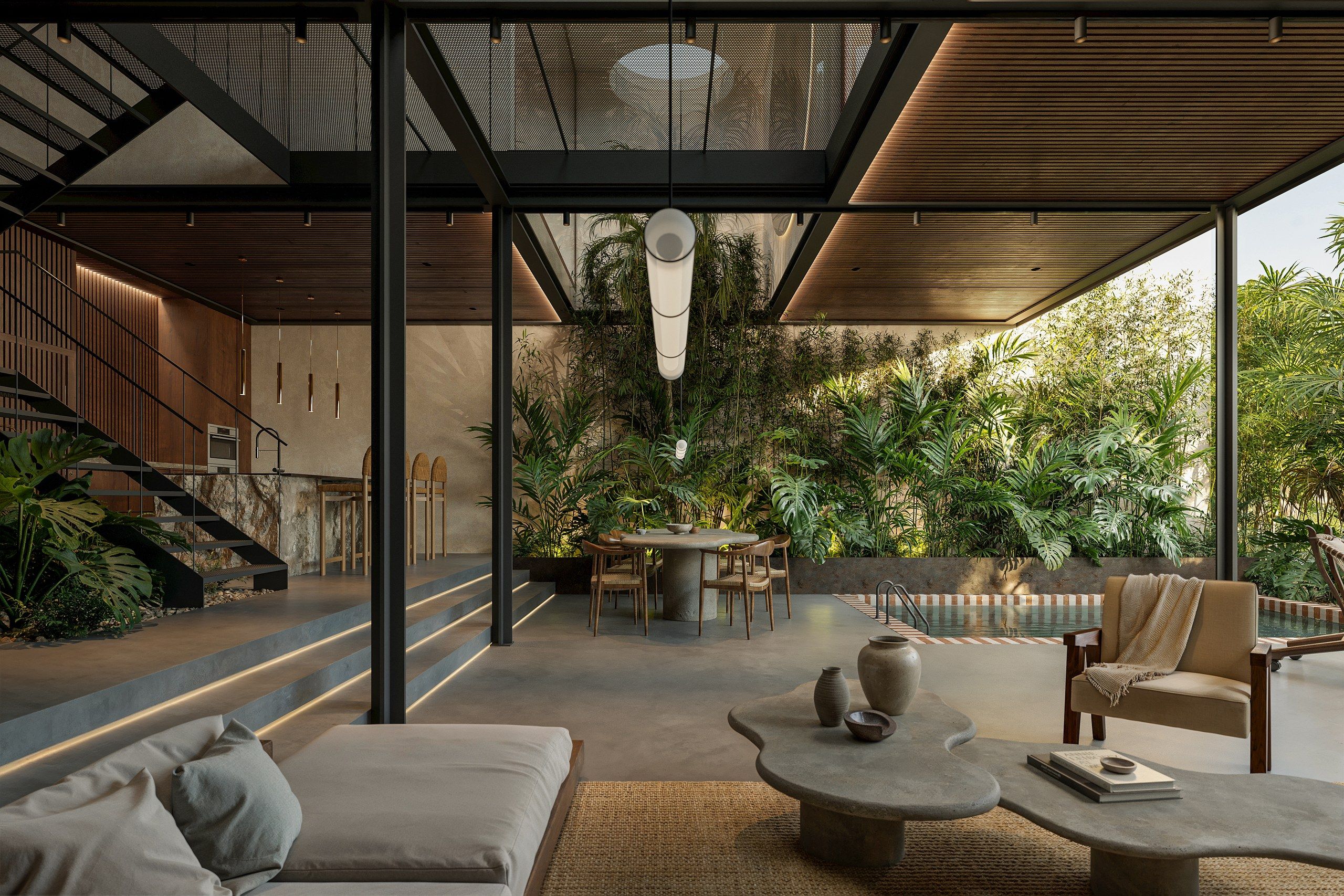 Double-height living space opening onto the garden and pool