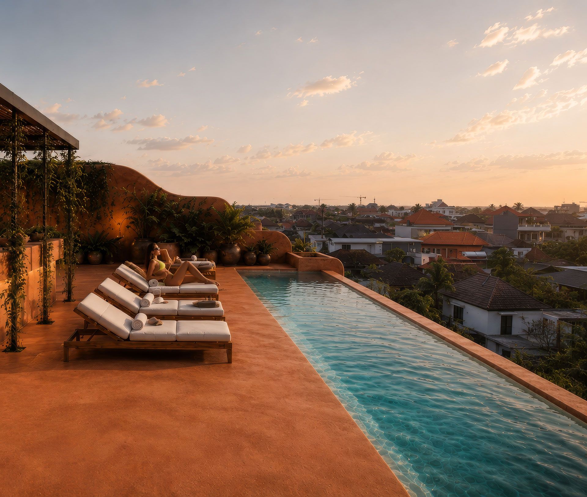 Rooftop infinity pool with sun loungers