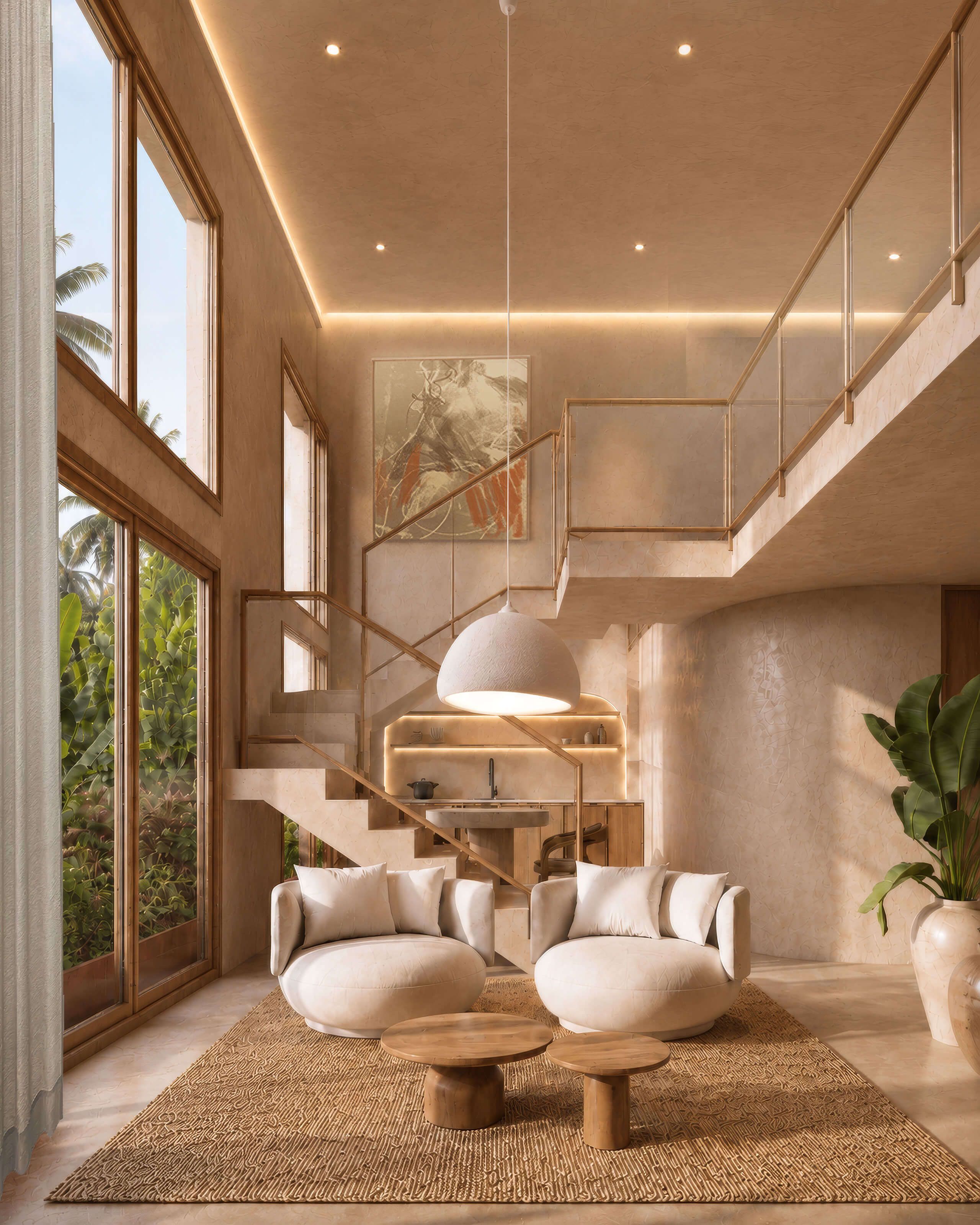 Mezzanine apartment living room with double-height windows