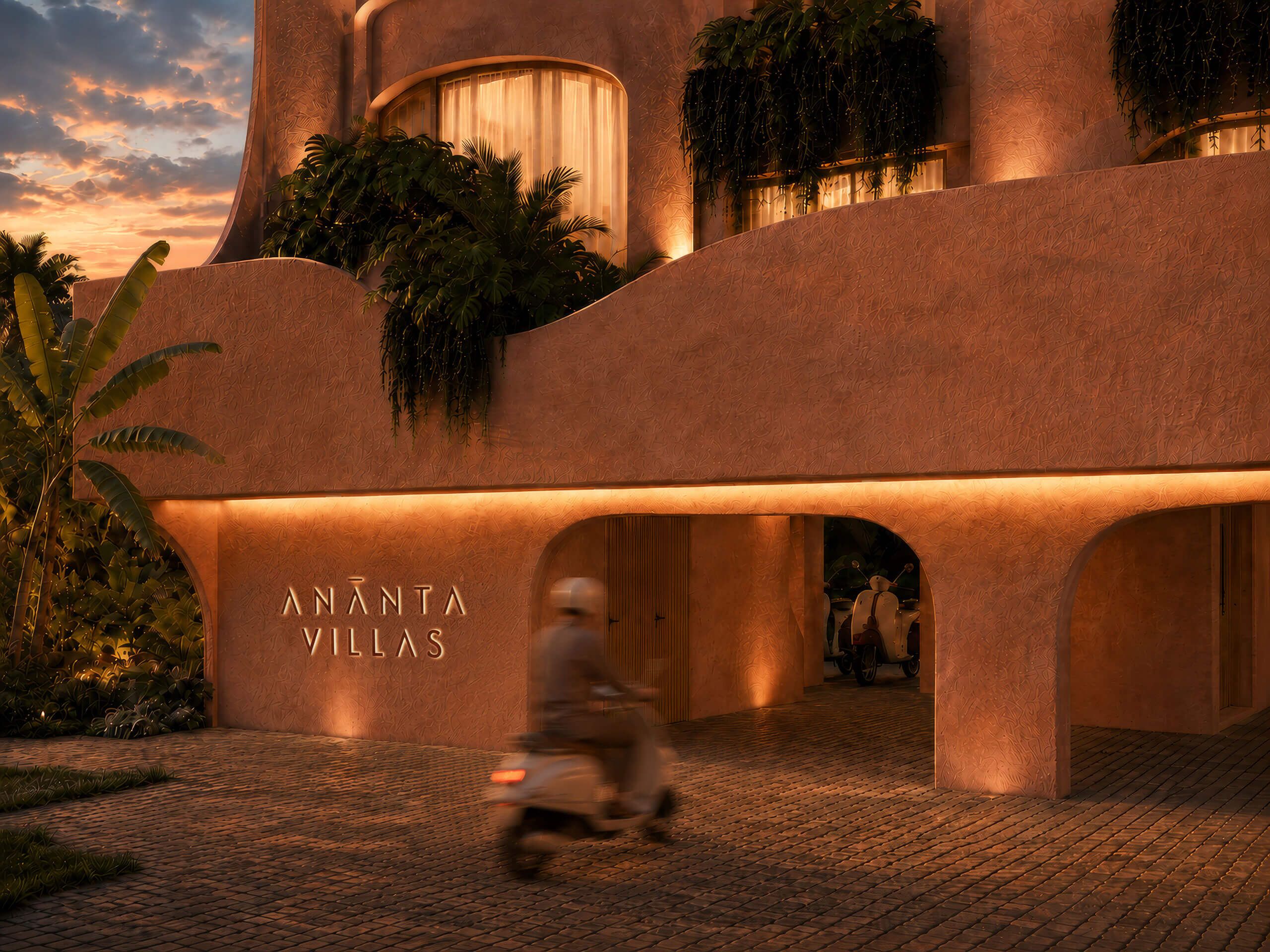 Covered parking entrance with the Ananta Villas sign
