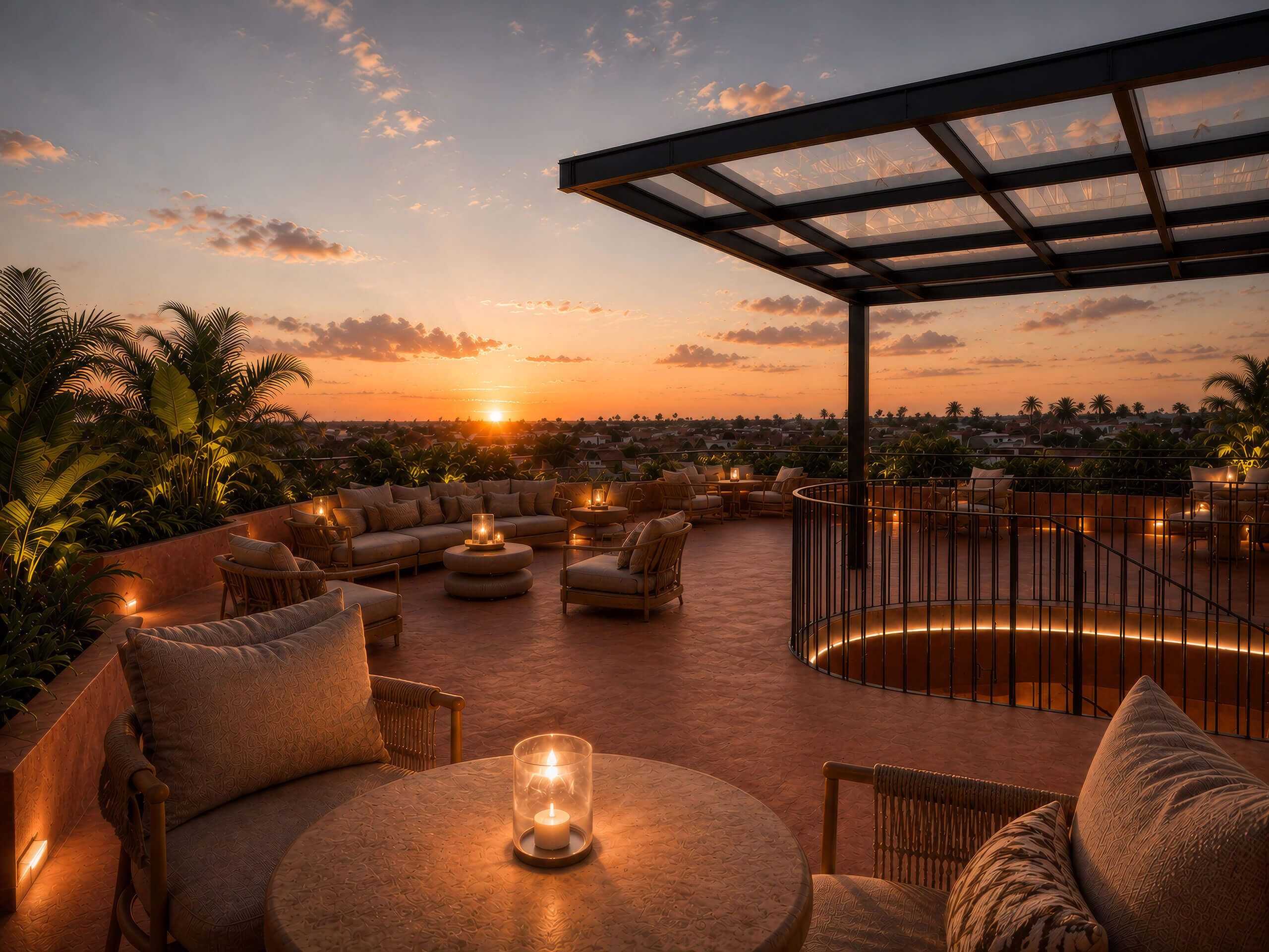 Rooftop lounge at sunset