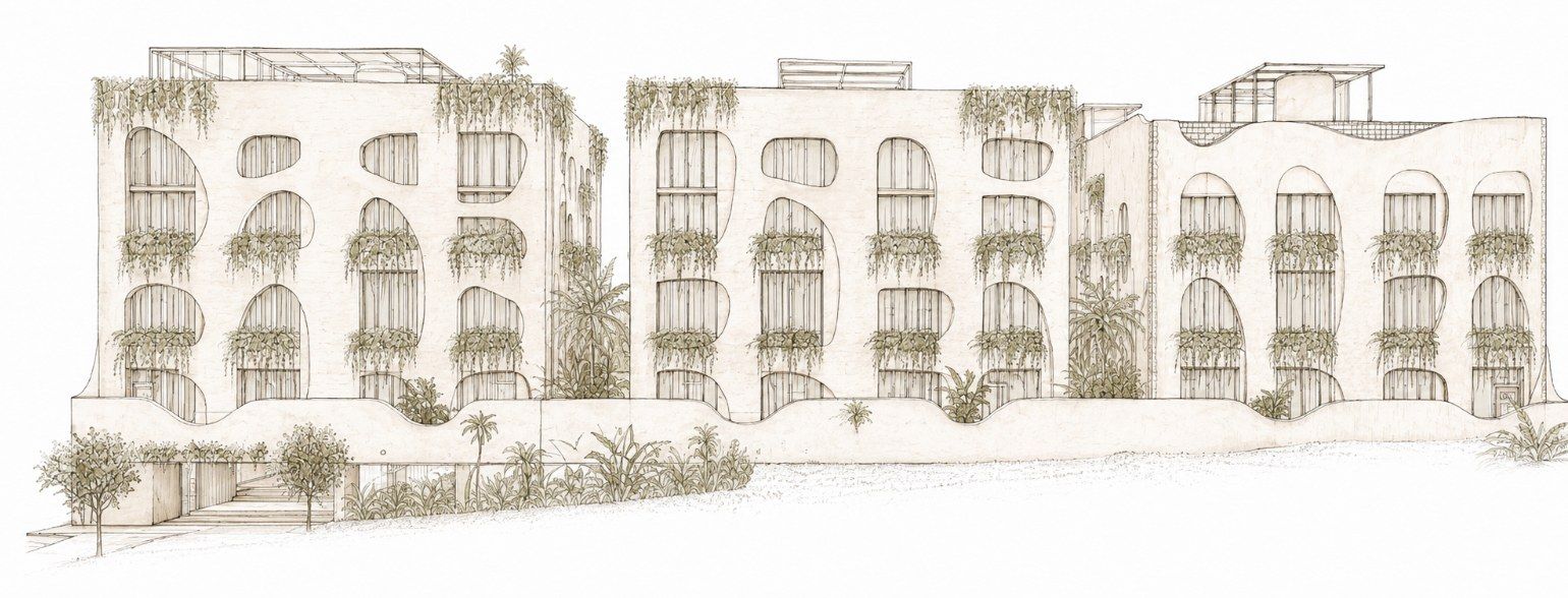 Hand-drawn elevation sketch of the three villa houses