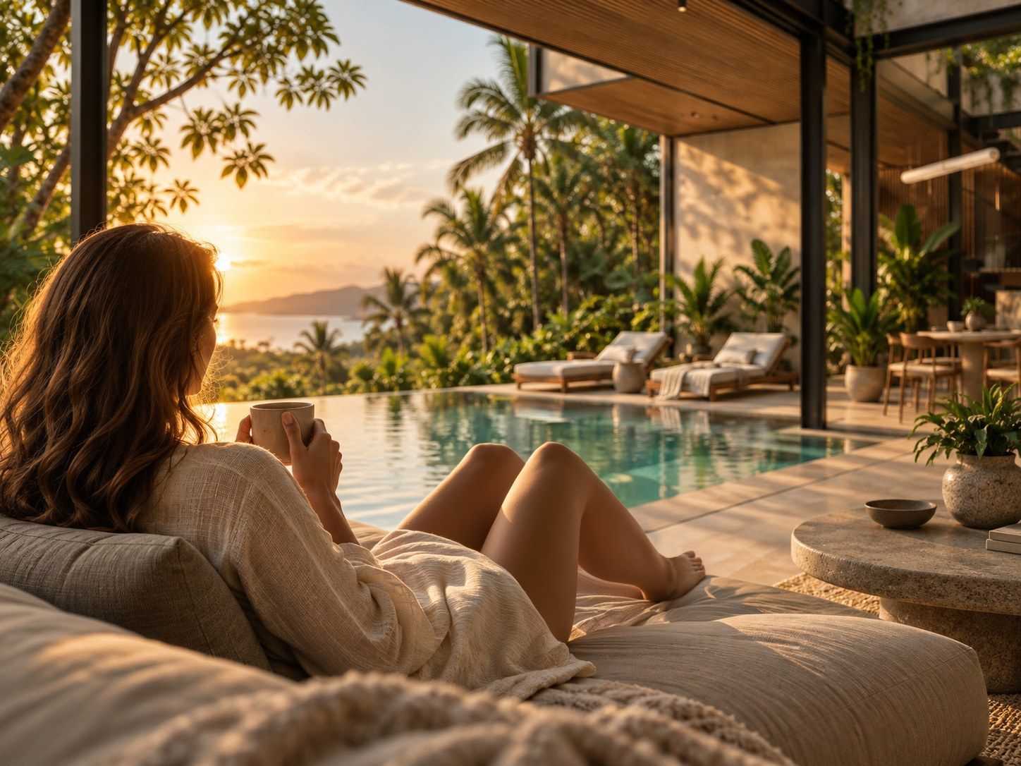Woman with a cup of coffee lying by an infinity pool at sunrise